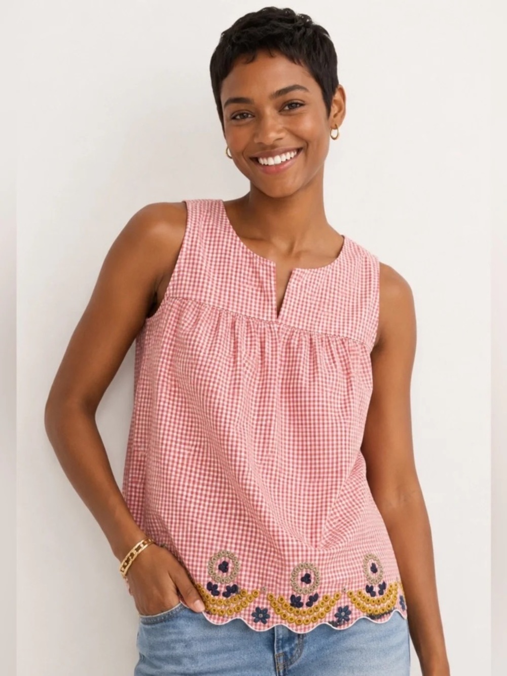 Madewell Red White Gingham & Embroidery Top, Size XL